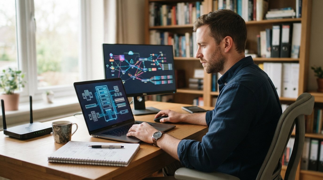Adult student at a home desk studying a server rack diagram on a laptop, with a second monitor showing network topology…