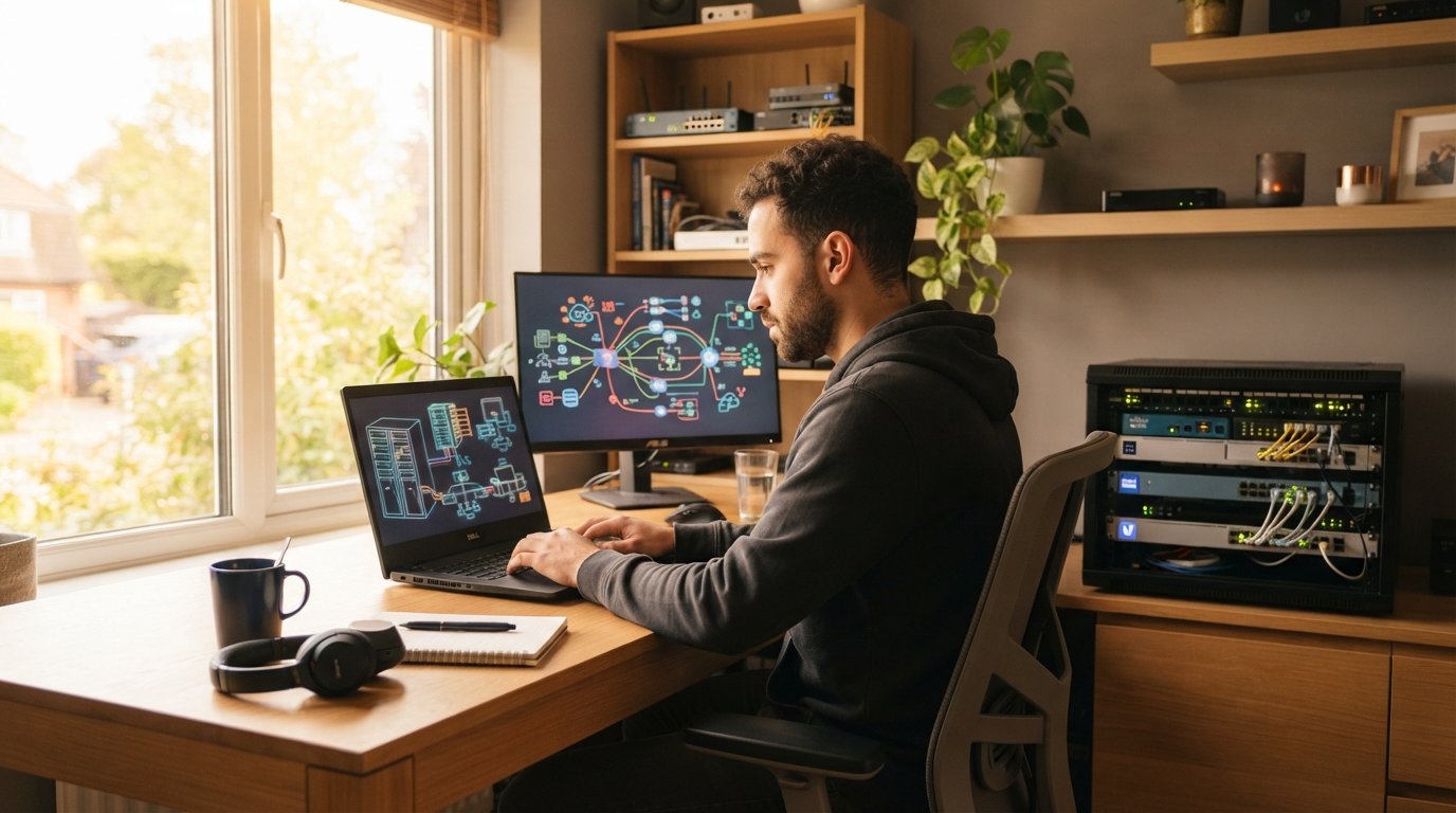 Student at a home desk with a laptop showing server rack diagrams and a monitor displaying network topology graphics beside…