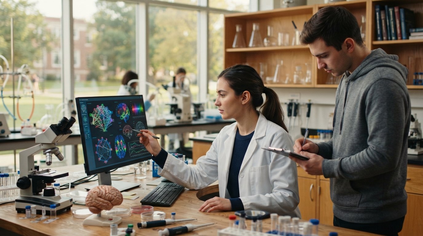 Student in a white lab coat studies colorful neural network diagrams on a screen while a classmate takes notes beside a…