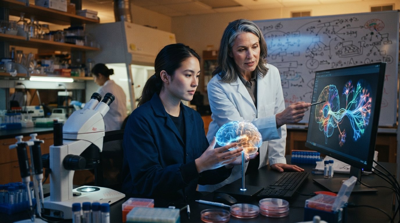 Graduate student and faculty mentor in a lab examining a glowing brain model on a workstation with a monitor displaying…