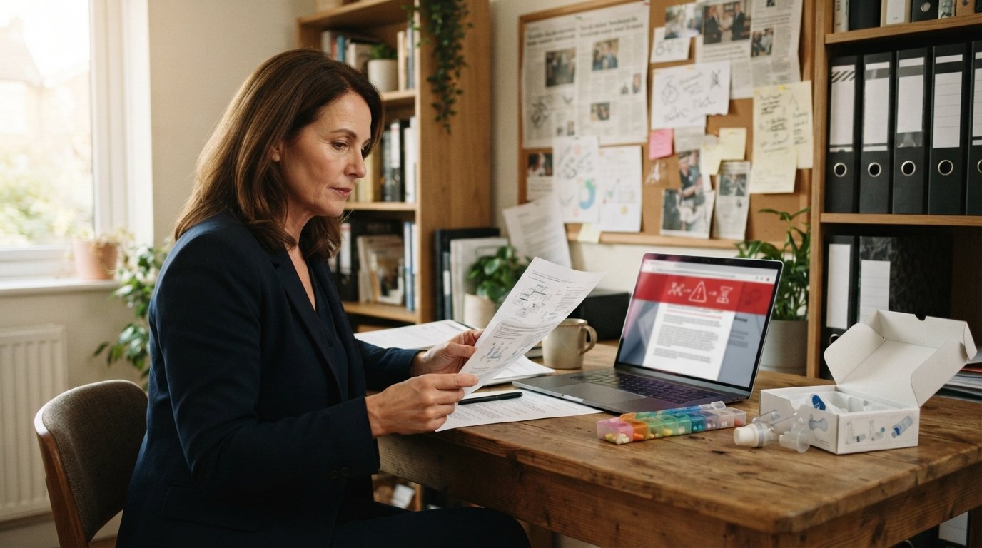 Woman in a navy blazer at a wooden desk reviewing a printed document beside a laptop showing a red FDA warning banner, with…
