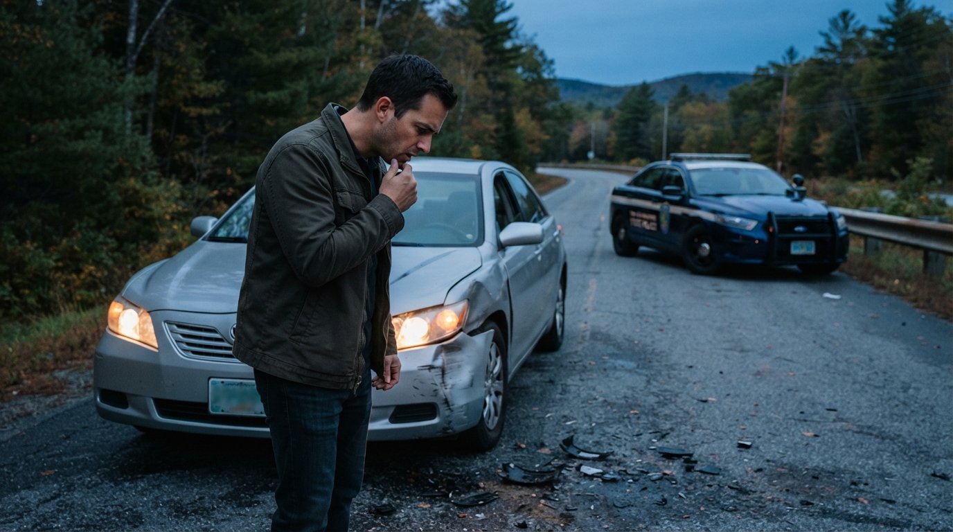 Worried driver examines crumpled front fender of his sedan on a rural road at dusk, with body fragments on pavement and a…