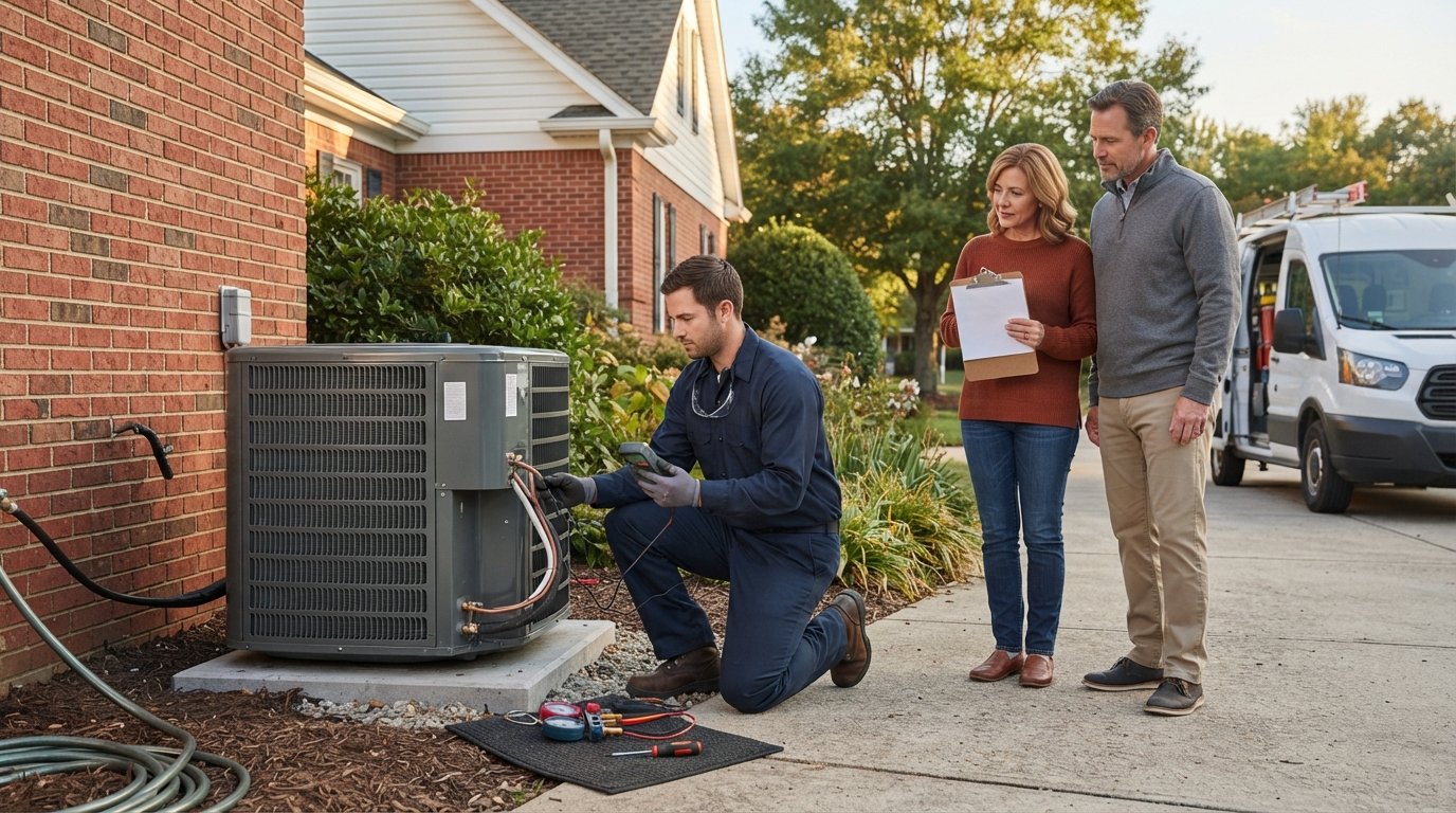 HVAC technician in navy uniform kneels by a new silver condenser, testing copper lines with a multimeter as a couple…