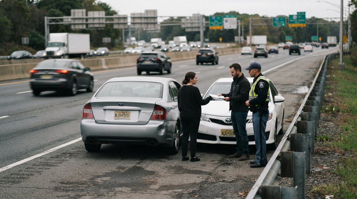 Two sedans stopped on a New Jersey highway shoulder after a fender-bender as a police officer inspects damage and drivers…