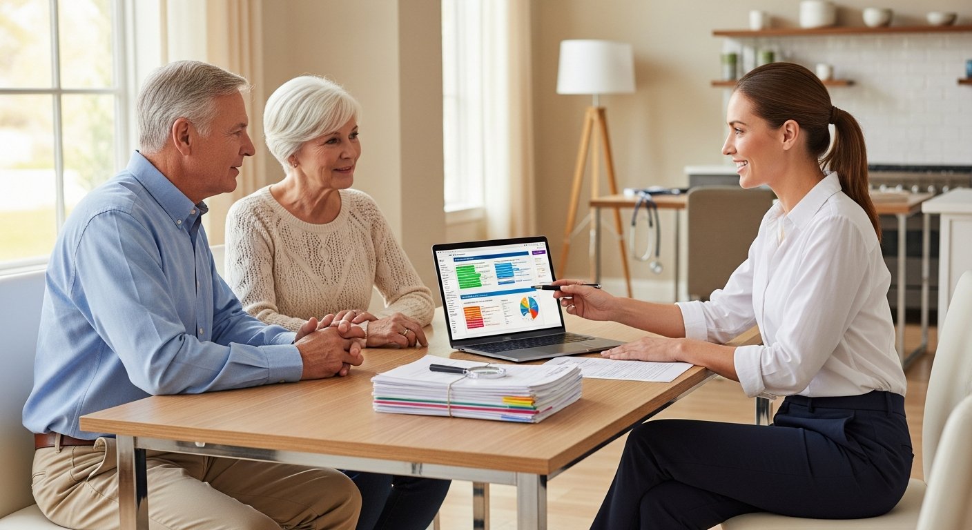 A senior couple and a licensed agent review Medicare plan documents on a laptop at a bright kitchen table, with a…
