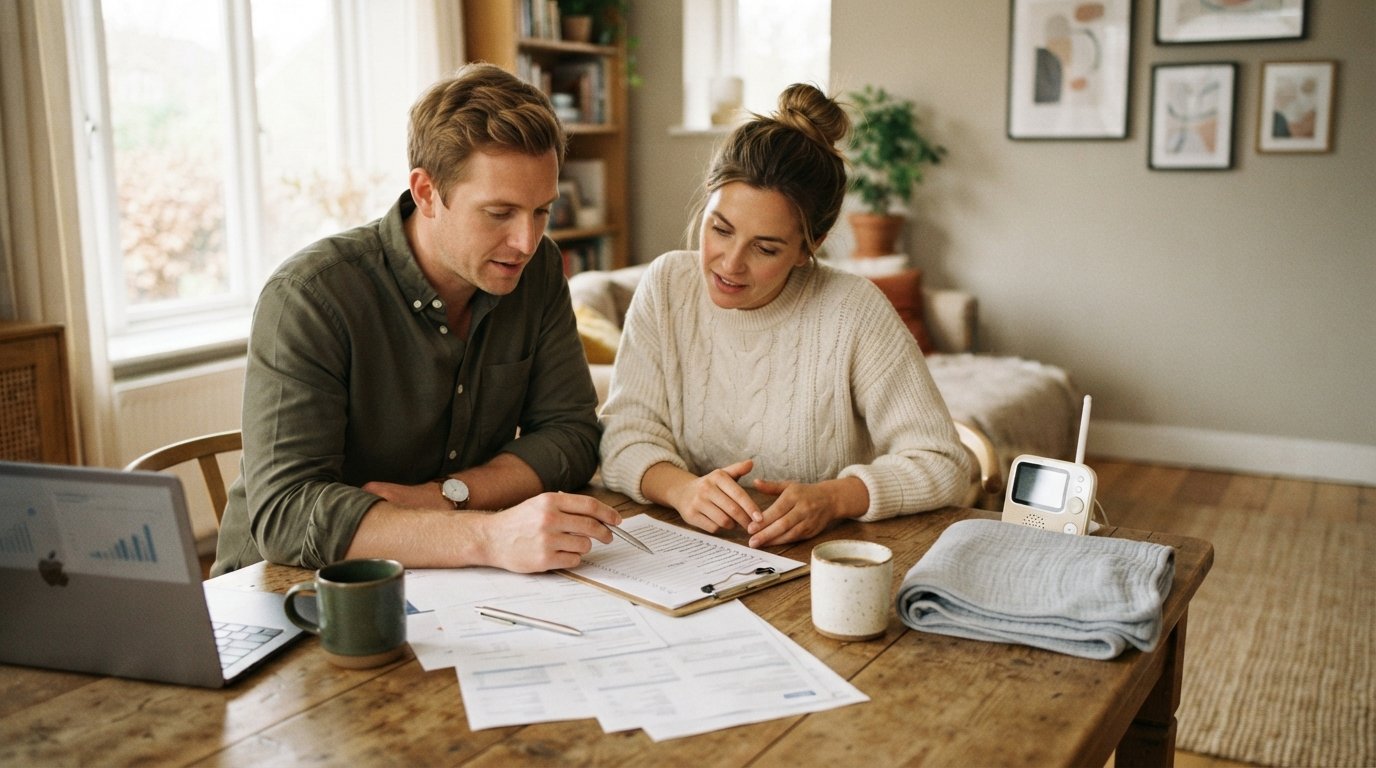 Young couple in casual clothes reviewing a checklist and financial documents at a dining table with a laptop, pen, coffee…