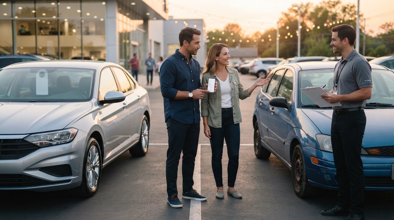 Two car buyers comparing a new sedan and a used car on a dealership lot at golden hour