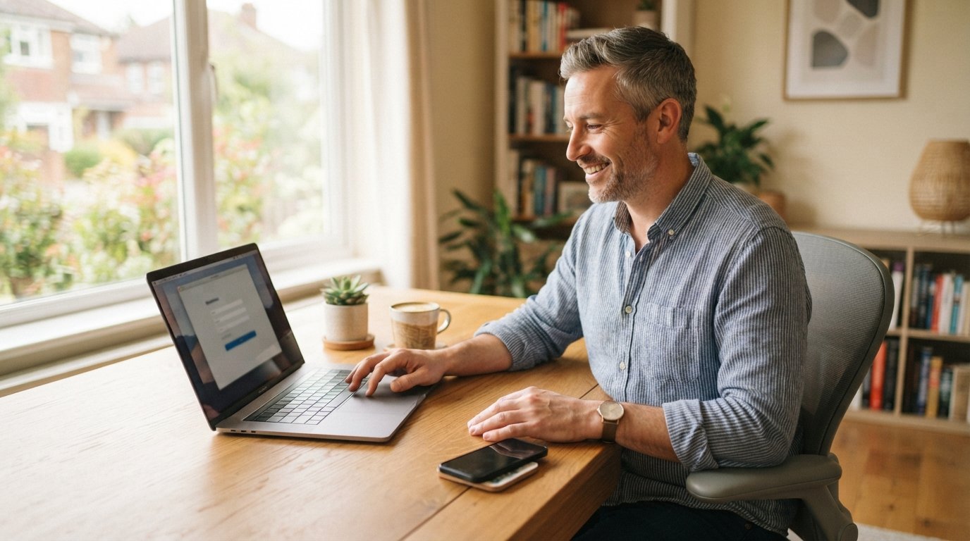 Smiling man in his 40s in a button-down shirt filling out an online life insurance form on a laptop at a wooden desk, phone…