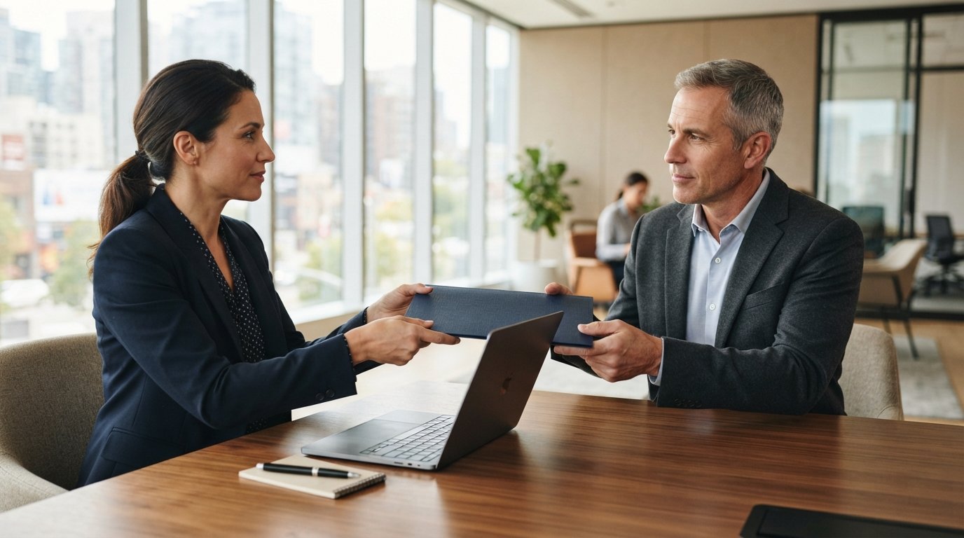 Two business-casual professionals at a wooden conference table, one handing a confidential document folder to the other,…