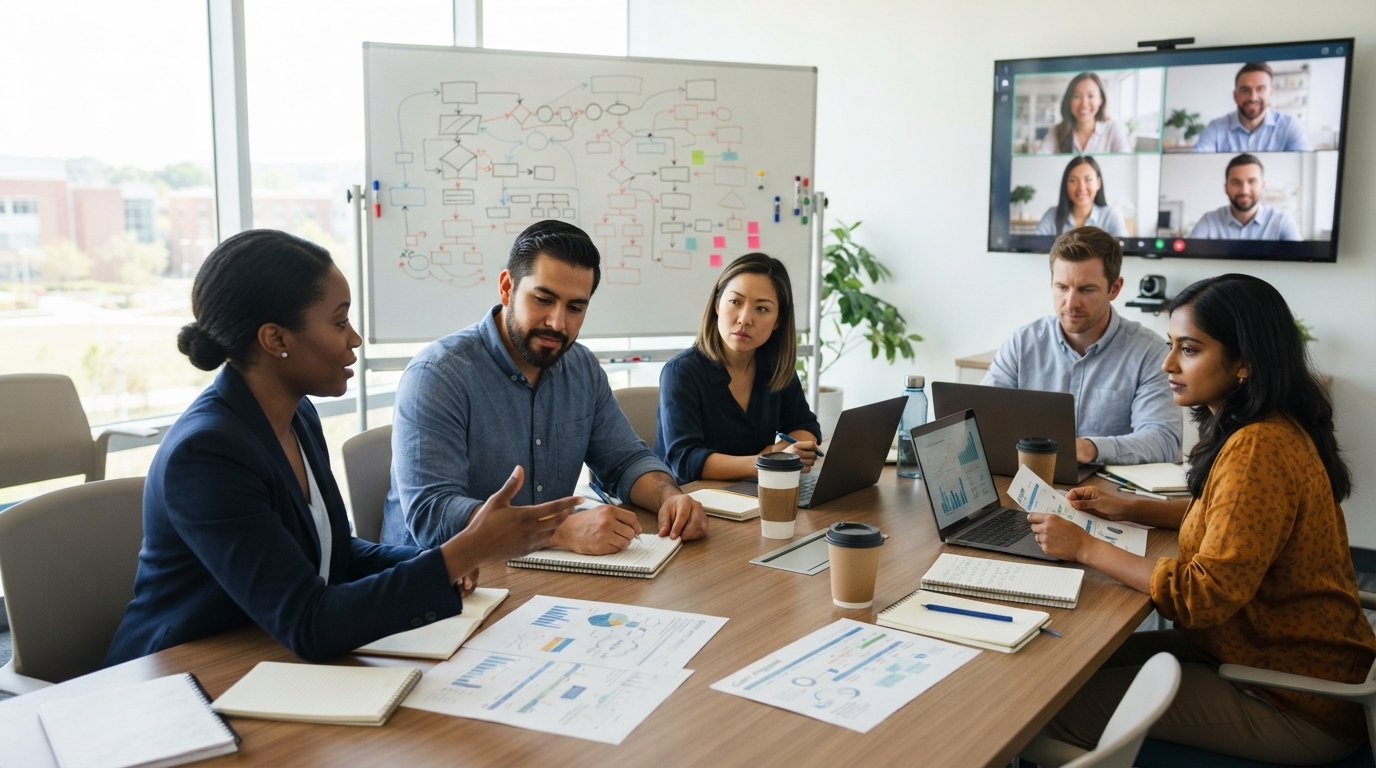 Diverse adult professionals collaborate around a sunlit conference table with laptops, notebooks, and grant drafts while a…
