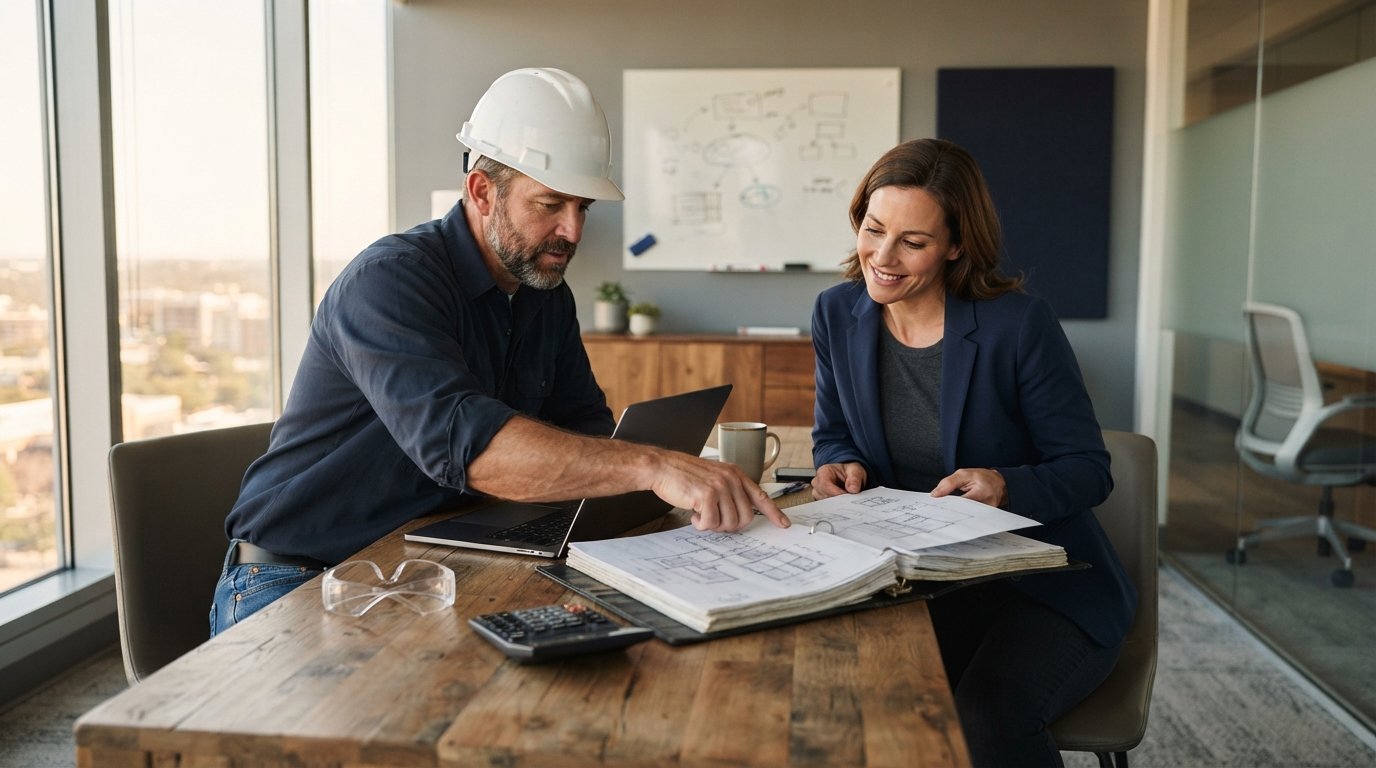 Two Texas business owners, one in a hard hat and the other in business casual attire, review an open document binder at a…