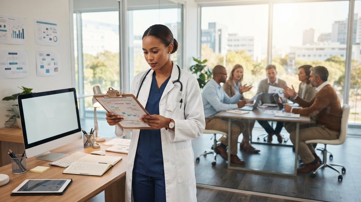 Nurse in navy scrubs and white lab coat reviews a patient care schedule on a clipboard in a bright hospital office with…