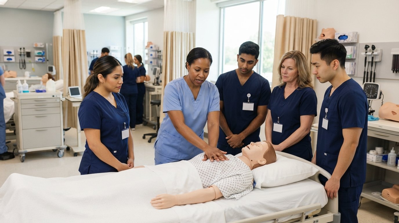 Nursing assistant students in navy scrubs practice patient care on a training mannequin as an instructor in light blue…