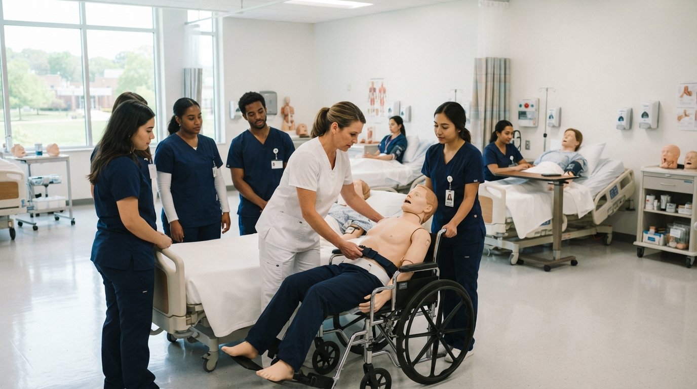 Nursing assistant students in navy scrubs practice patient transfer techniques on mannequins in a clinical lab as an…