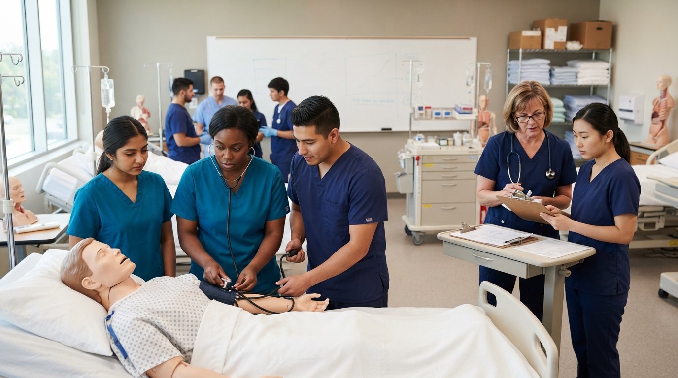 Adult students in teal and navy scrubs practice taking a mannequin's blood pressure as an instructor observes in a bright…