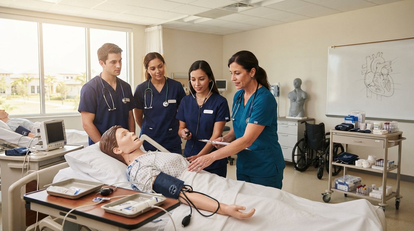 Instructor in teal scrubs guides students in navy uniforms practicing vital signs on a mannequin in a bright lab