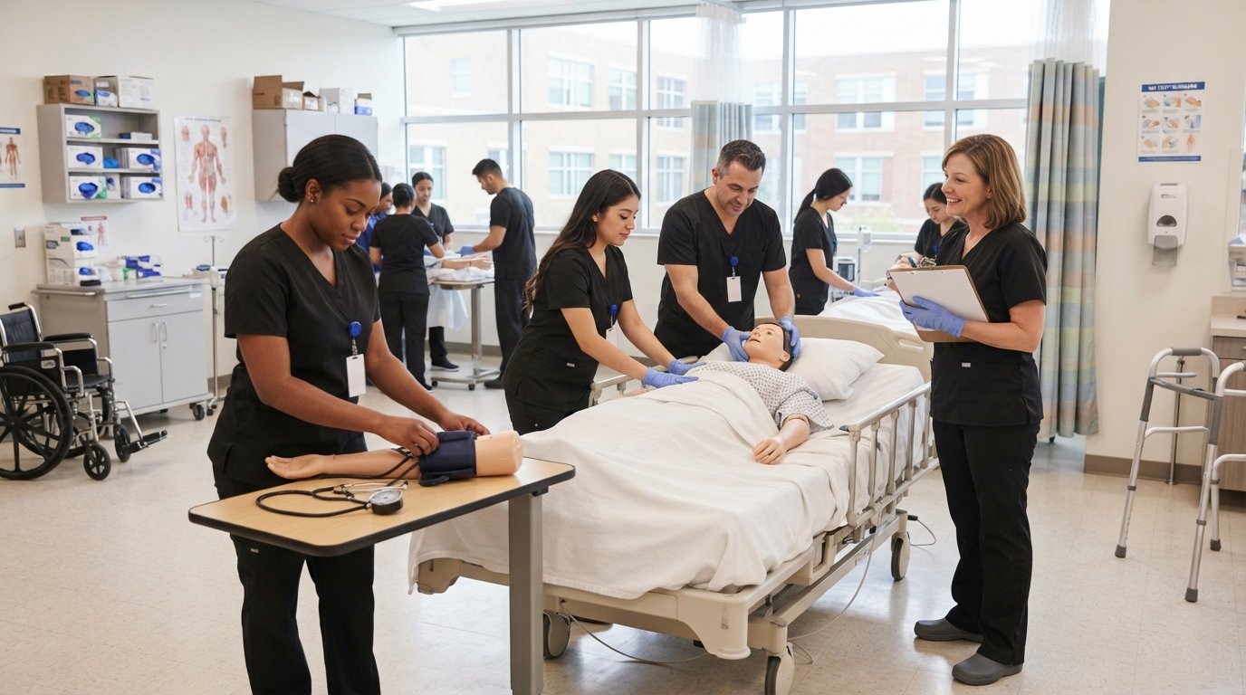 Nursing assistant students in navy scrubs practice blood pressure checks and patient positioning in a clinical lab classroom
