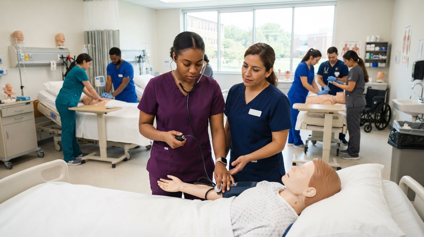 Nursing assistant students in scrubs practice taking blood pressure on a training mannequin while an instructor observes in…