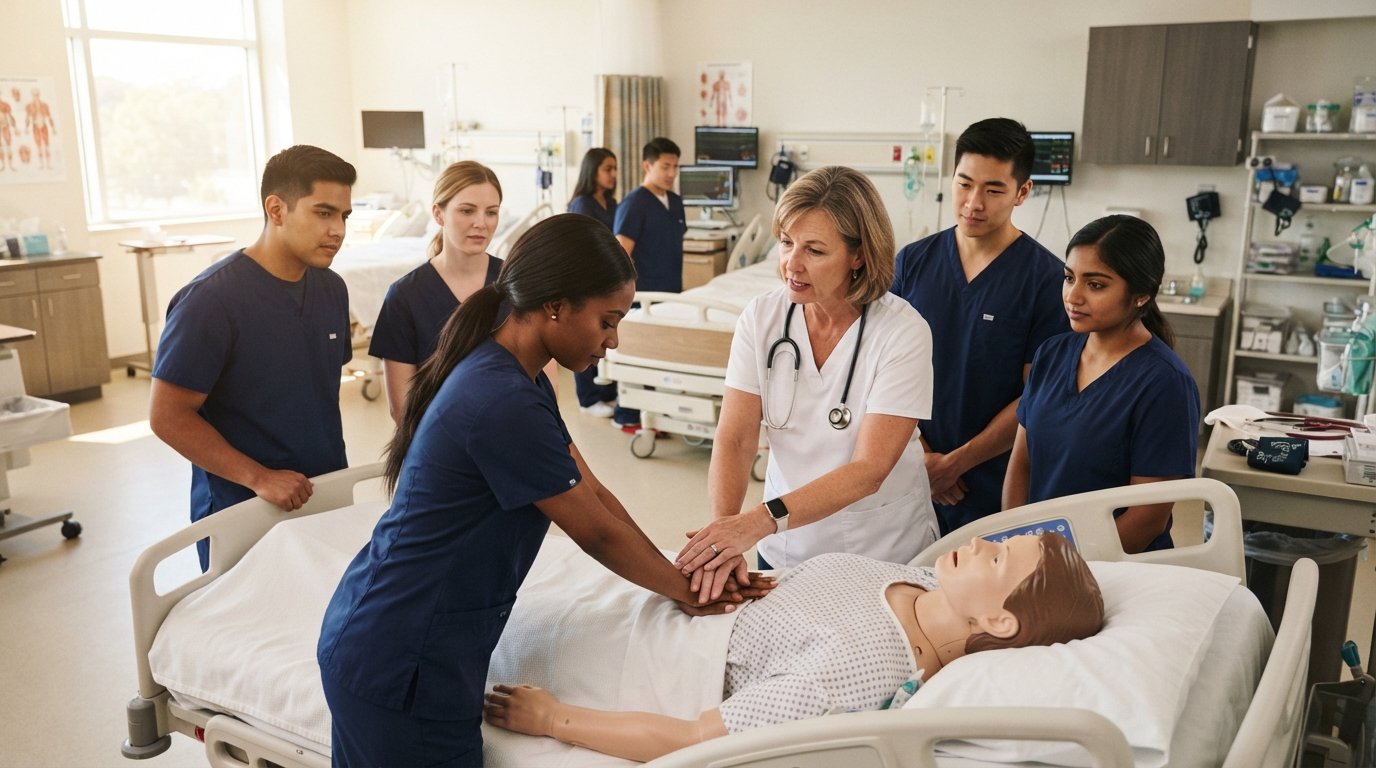 Nursing assistant students in navy scrubs practice patient care on a medical mannequin as an instructor in white scrubs…