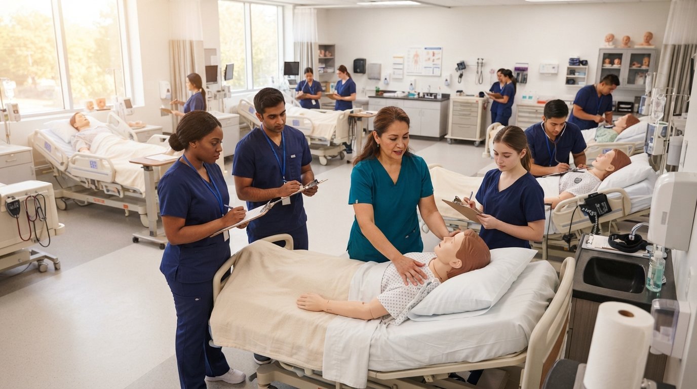 Nursing assistant students in navy scrubs practice patient positioning on mannequins as an instructor in teal scrubs…