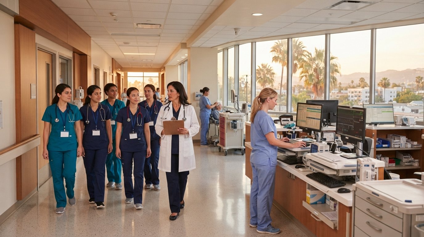 Nursing students in teal and navy scrubs walk with an instructor holding a clipboard down a sunny hospital corridor in…