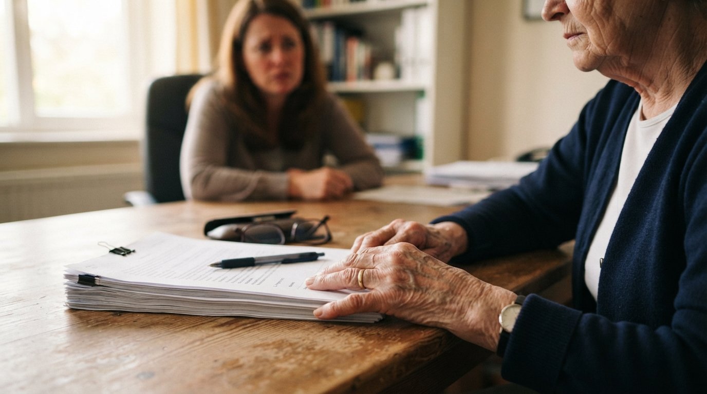Elderly person's hands rest on a wooden table beside a stack of nursing home admission paperwork, a pen on a signature…