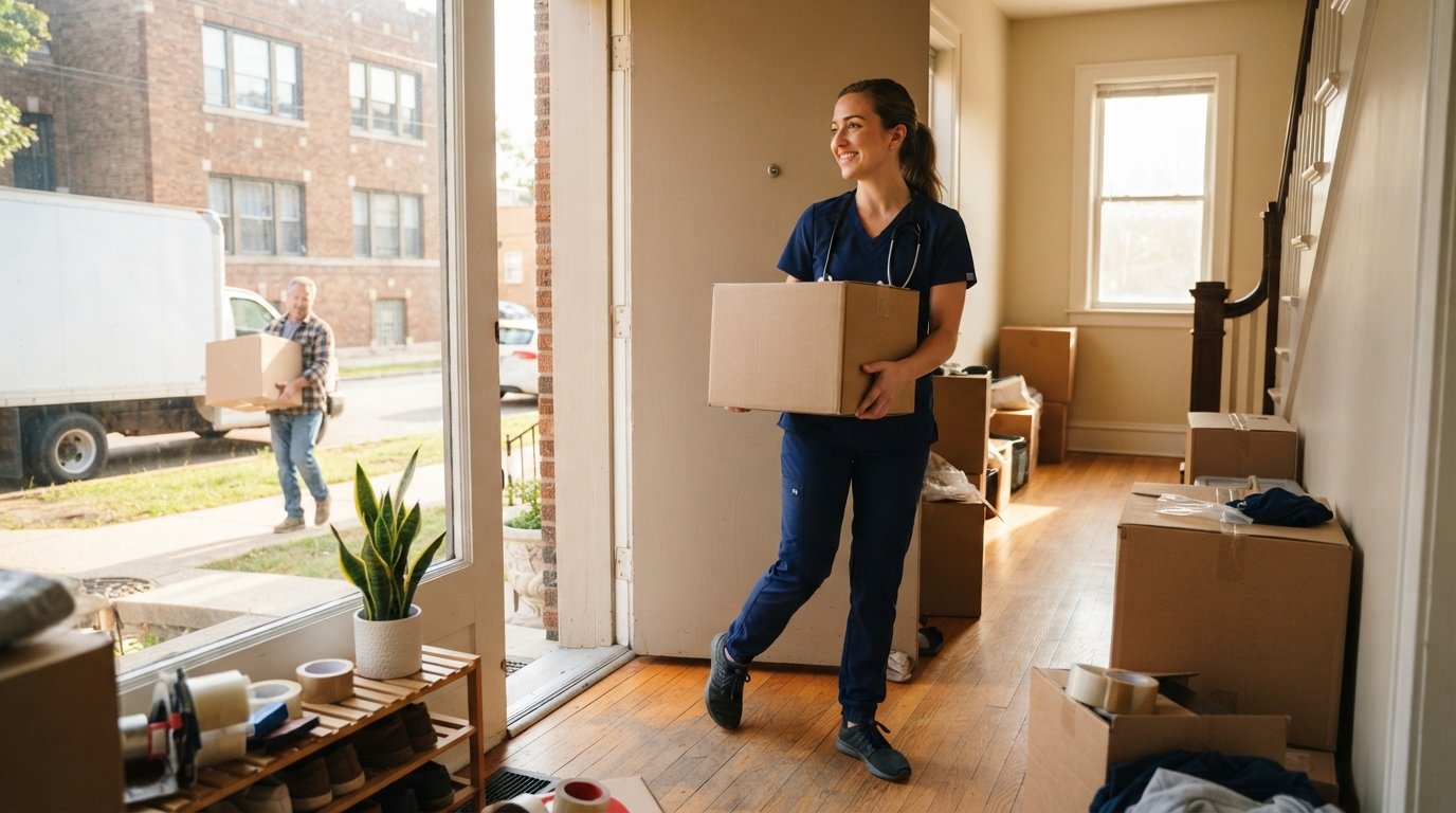 Nursing student in navy scrubs carrying a cardboard box and stethoscope into an apartment entryway, with a moving truck and…