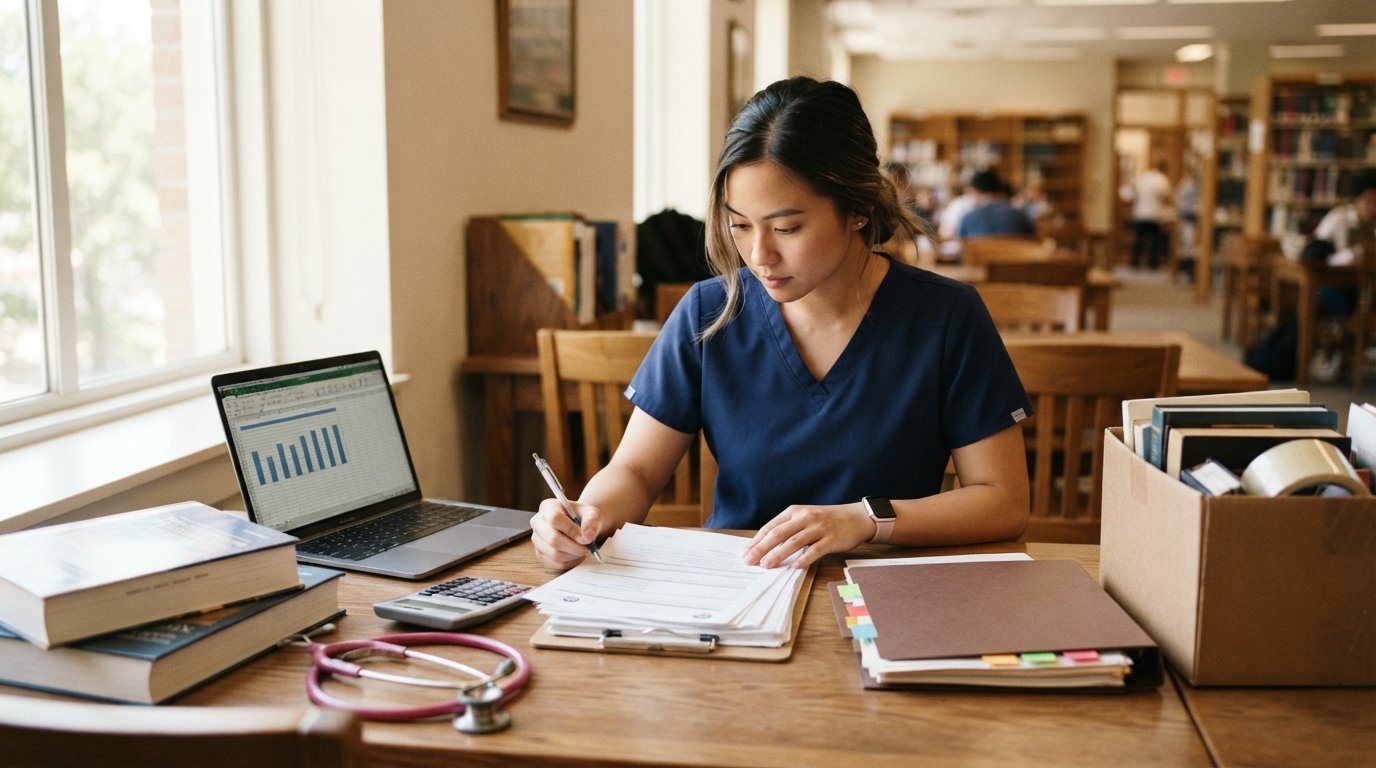 Nursing student in navy scrubs reviews scholarship forms at a desk with textbooks, a stethoscope, a calculator, a laptop…