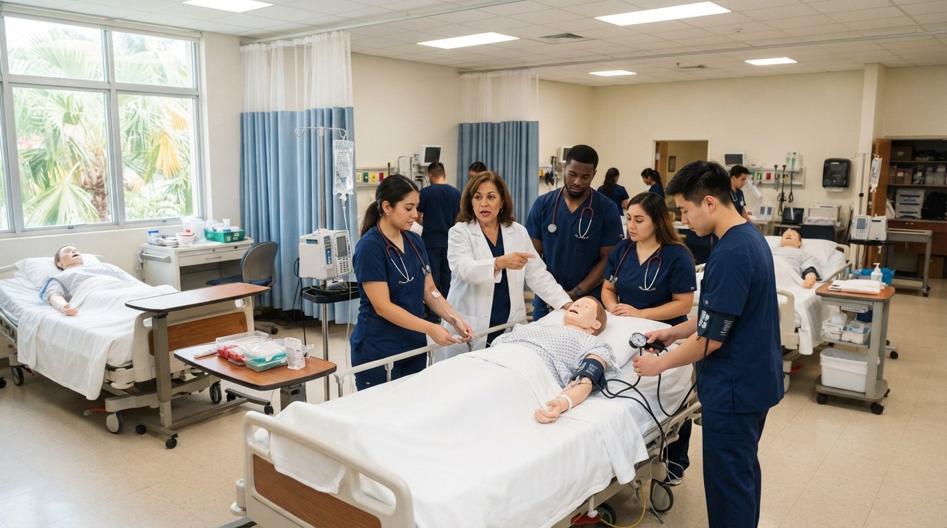 Nursing students in navy scrubs practice clinical skills on mannequins and hospital beds under instructor supervision in a…