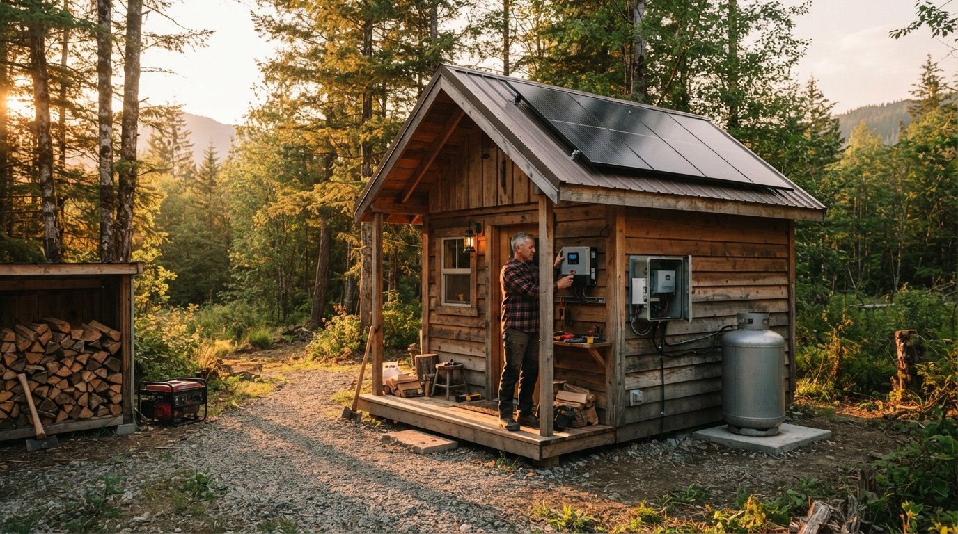 Man in flannel shirt inspecting a charge controller on a wooden cabin porch with rooftop solar panels, wall-mounted battery…