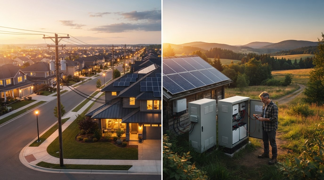 Split view at golden hour: a suburban house with rooftop solar panels connected to a utility pole, and a rural cabin with…