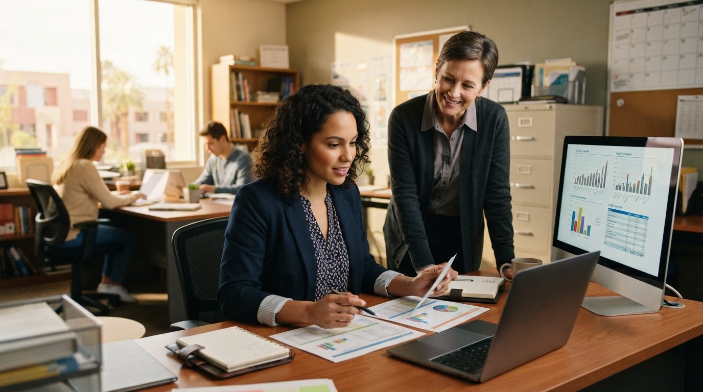 Student in business casual attire reviews budget documents and schedules at a desk while an instructor mentors nearby in a…