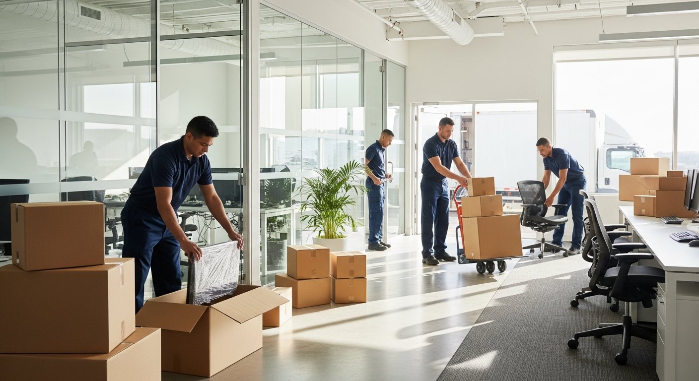 Office movers in navy uniforms wrap a computer monitor and load labeled boxes onto a dolly in a bright modern office