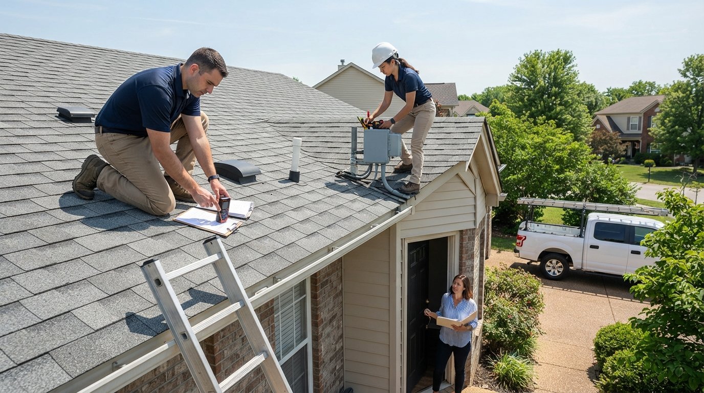 Two surveyors on a gray asphalt shingle roof; one kneels with a clipboard and measuring tool, the other inspects a junction…