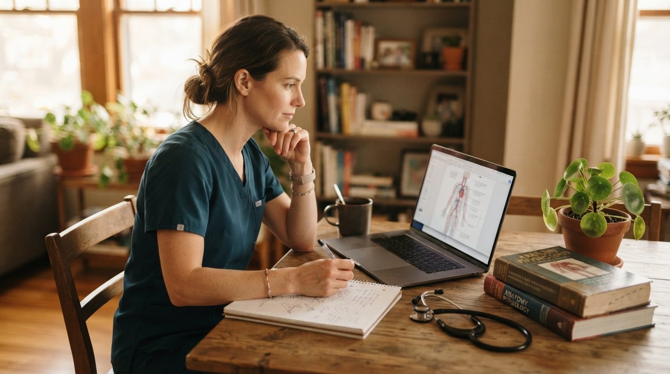 Woman in scrubs studies a nursing module on a laptop at a kitchen table with a stethoscope, anatomy textbooks, and…