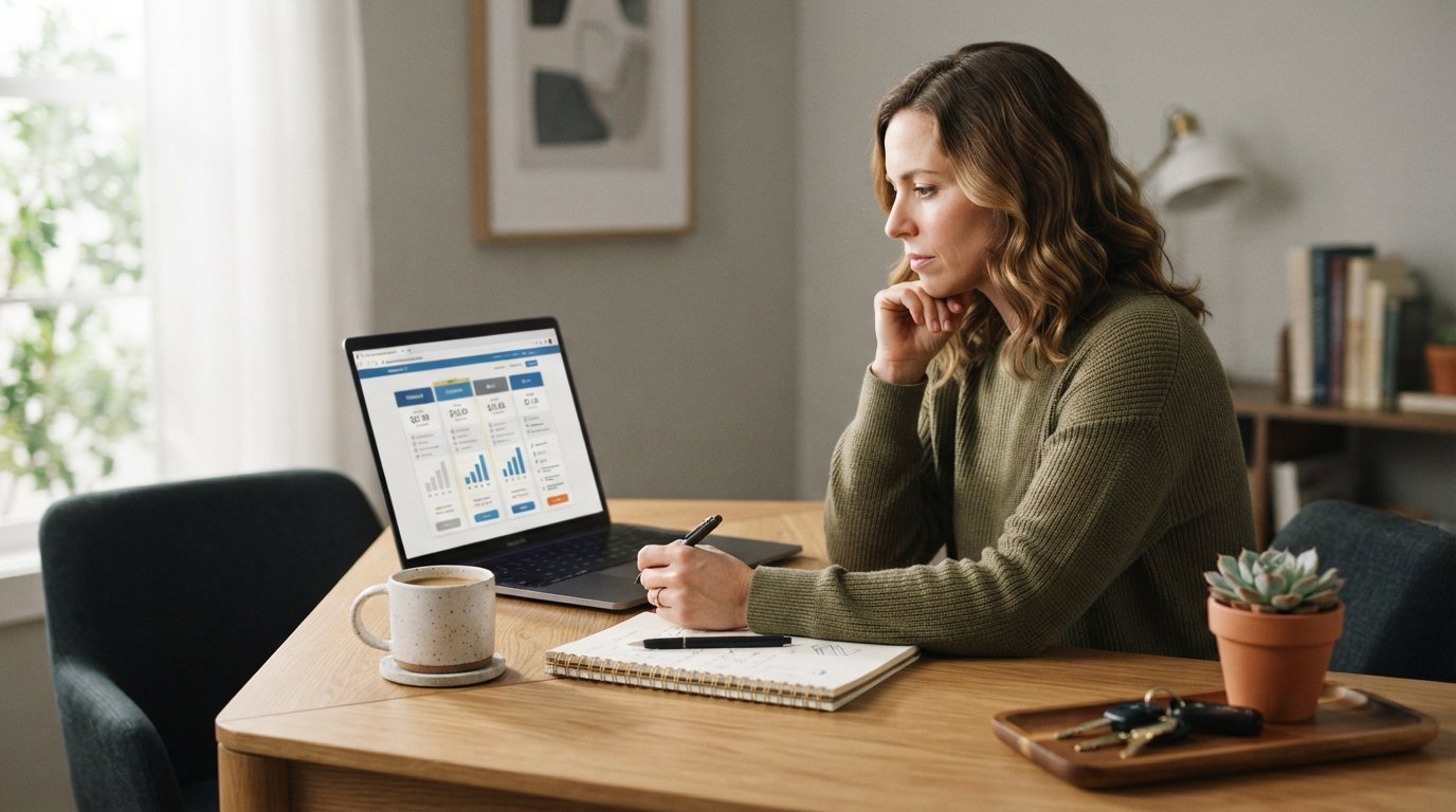 Driver at a wooden desk reviewing side-by-side auto insurance quote panels on a laptop, with a notebook, pen, coffee mug,…