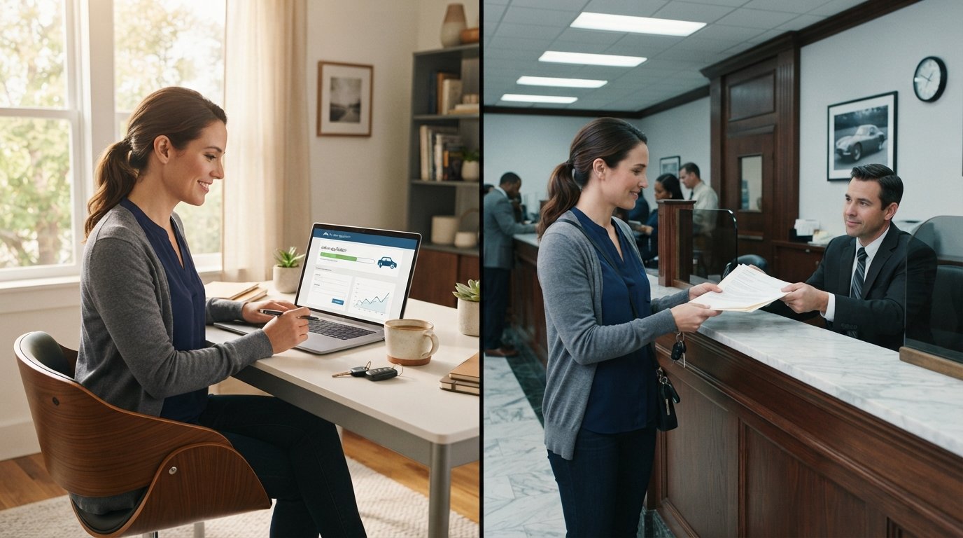 Split-screen showing a person applying for an auto loan on a laptop at home and the same person at a bank teller counter…