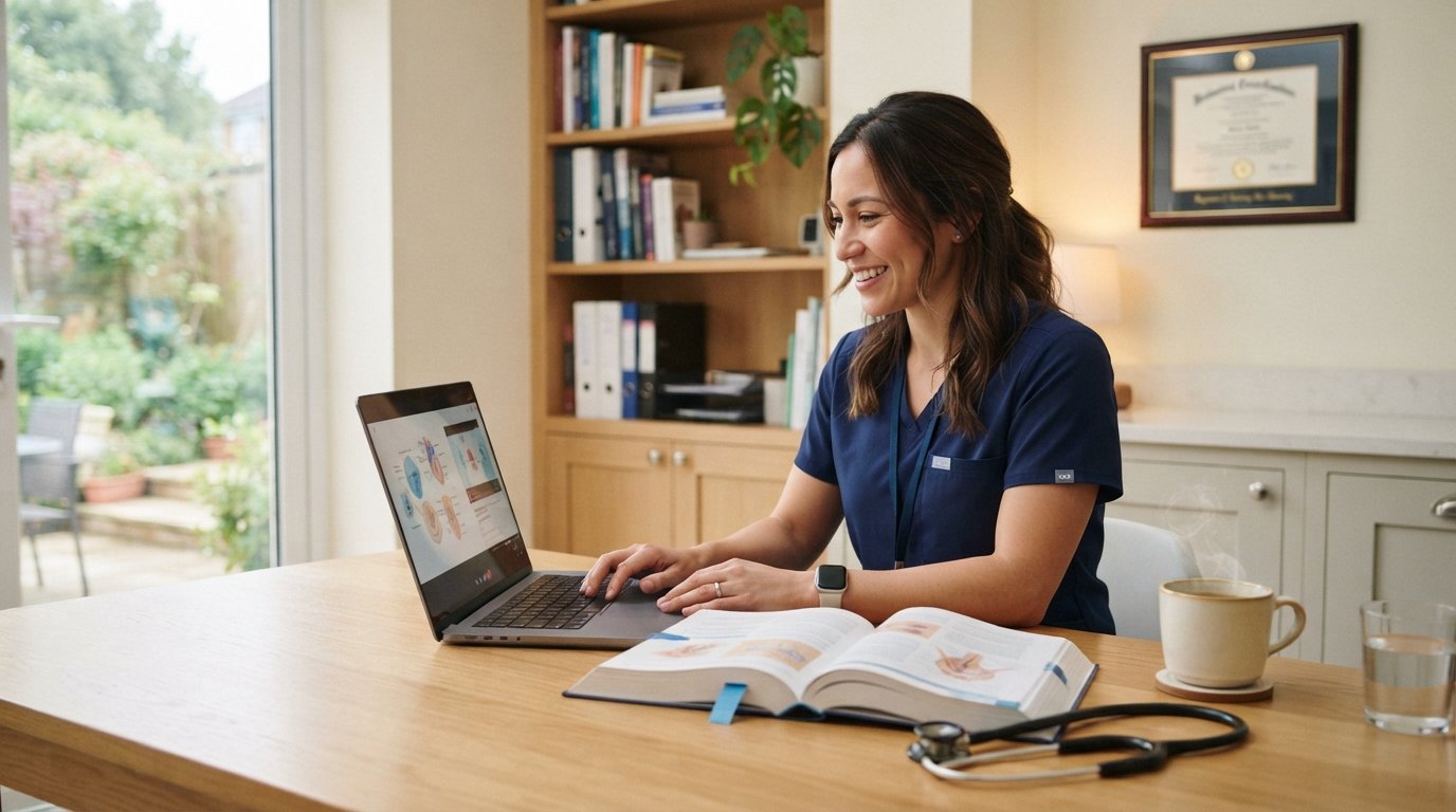 Female registered nurse in navy scrubs smiling while studying on a laptop at a kitchen table with textbook and stethoscope