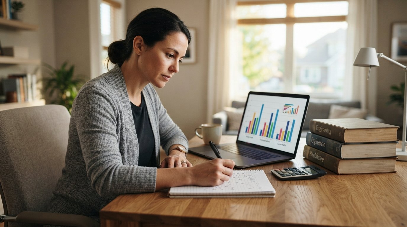 Adult learner in a home office reviewing salary charts on a laptop, with textbooks and a calculator on a wooden desk
