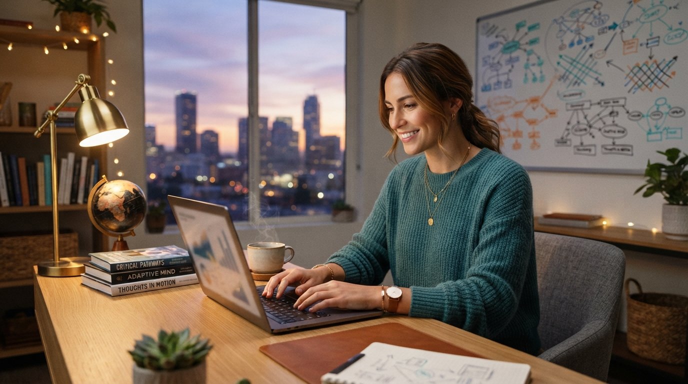 Young woman smiling at laptop in home office with books, globe, and city sunset through window