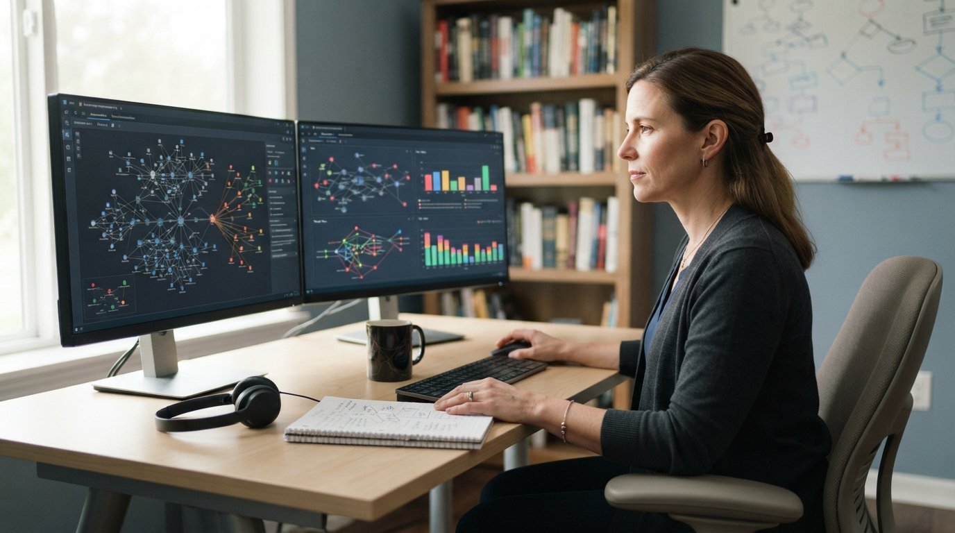 Business-casual professional at a home desk reviewing network diagrams and risk charts on dual monitors, with headset and…