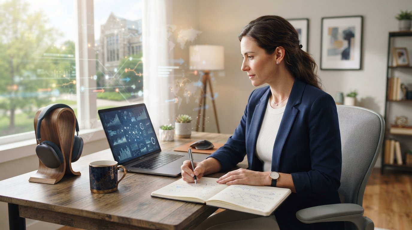 Business professional in casual attire at a home desk with a laptop showing charts, notebook, coffee mug, and headset,…
