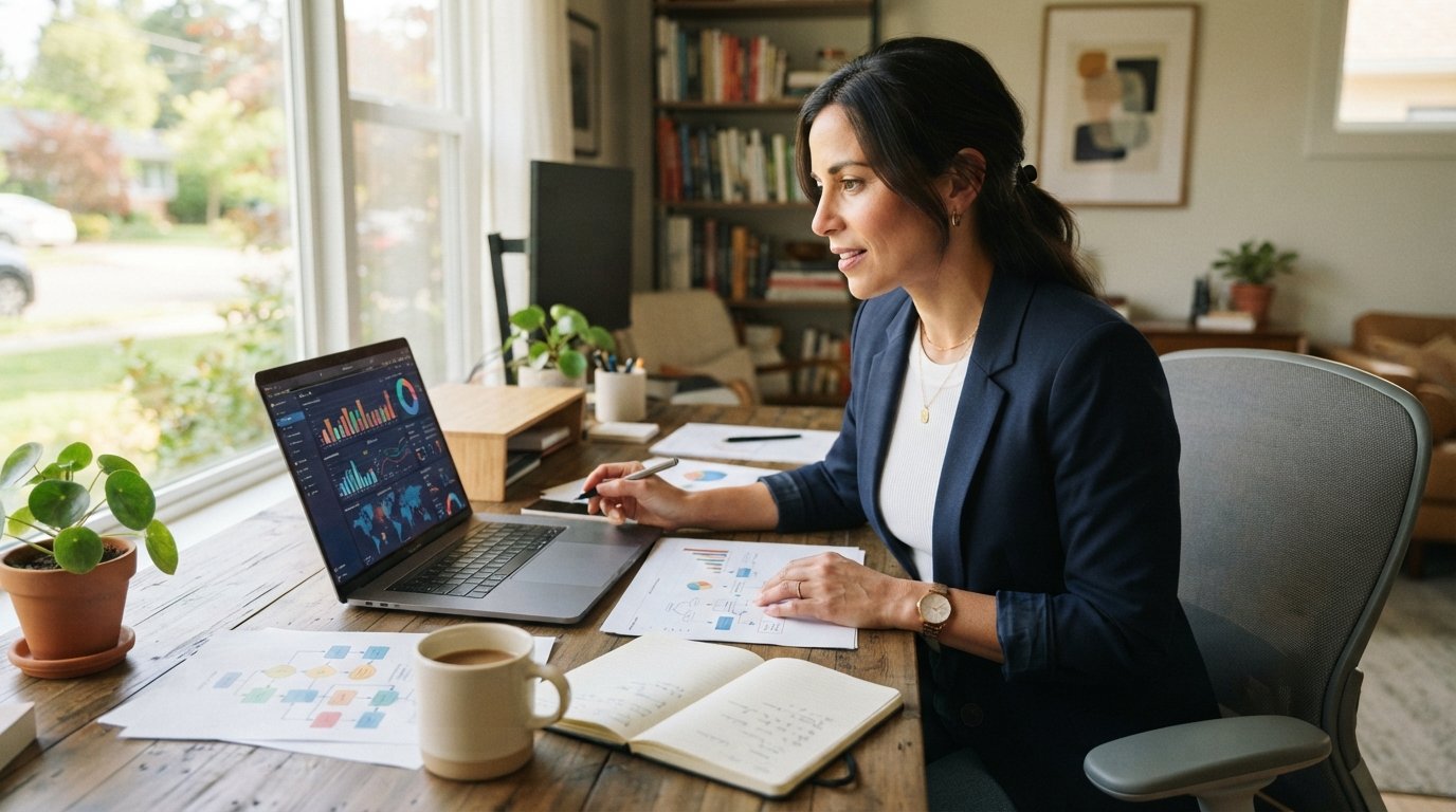 Business professional in business casual attire reviewing a digital dashboard on a laptop at a home office desk with…
