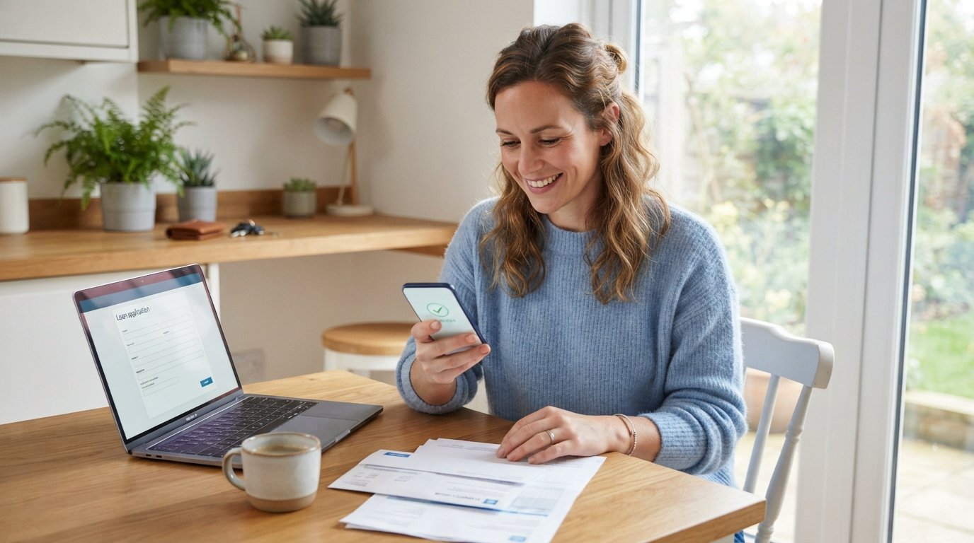 Man in his 30s smiling while holding smartphone at kitchen table with laptop showing loan form, stack of bills, and coffee…