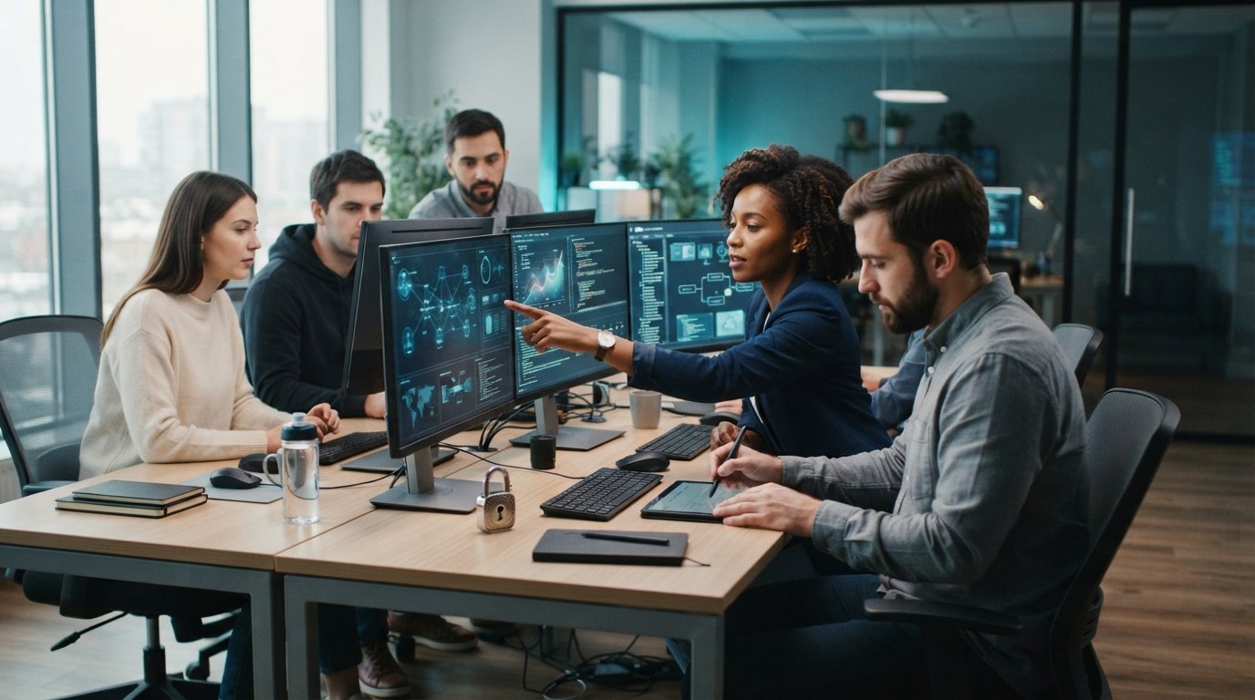 Young professionals reviewing network diagrams and code on monitors in a bright collaborative workspace