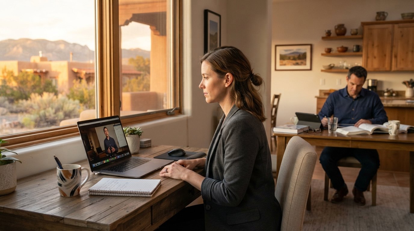 Woman in a blazer watching a video lecture at a home desk while a man studies with textbooks at a nearby table, adobe-style…
