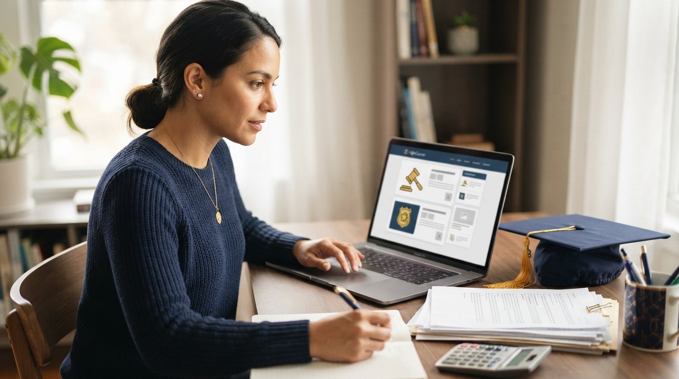 Adult student in business casual attire reviews online criminal justice coursework on a laptop at a home desk, with a…