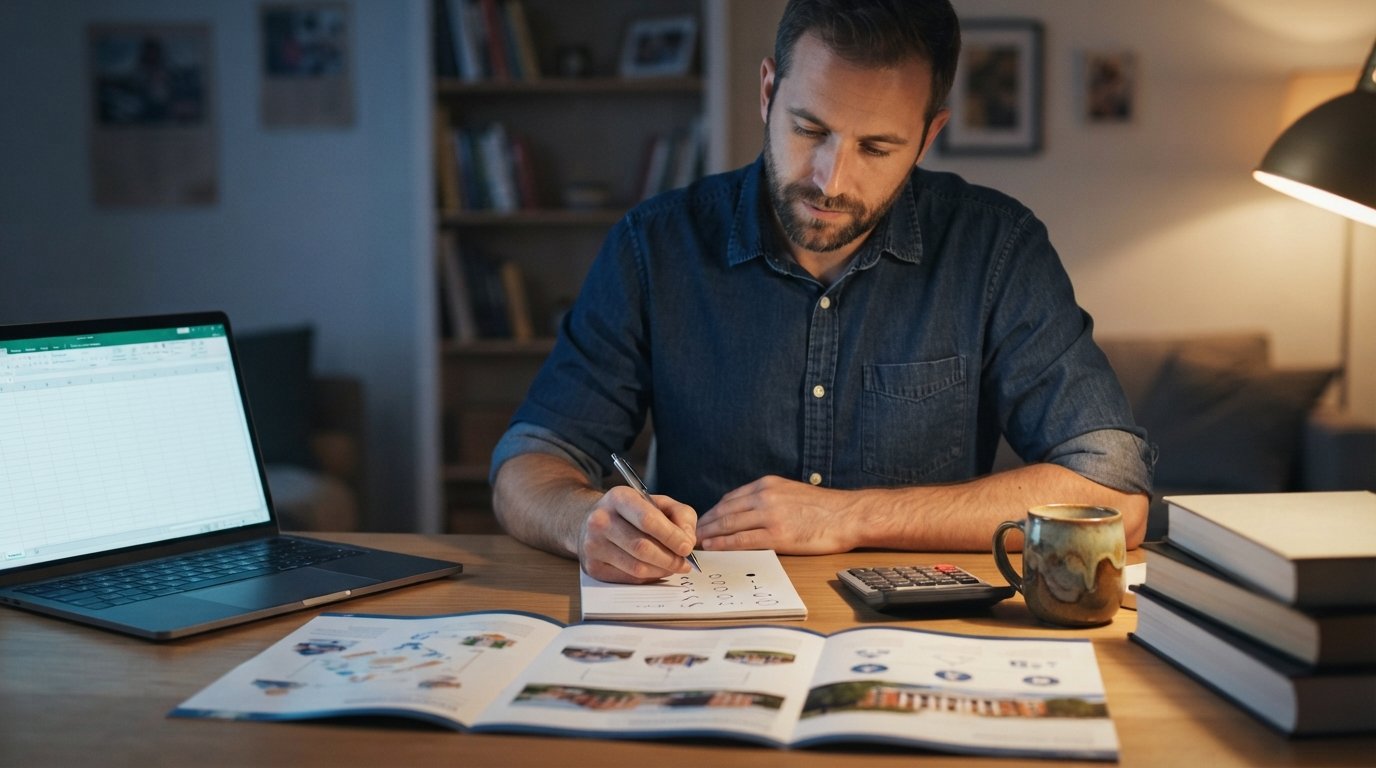 Adult learner in a button-down shirt sits at a wooden desk at night, comparing handwritten tuition figures in three open…