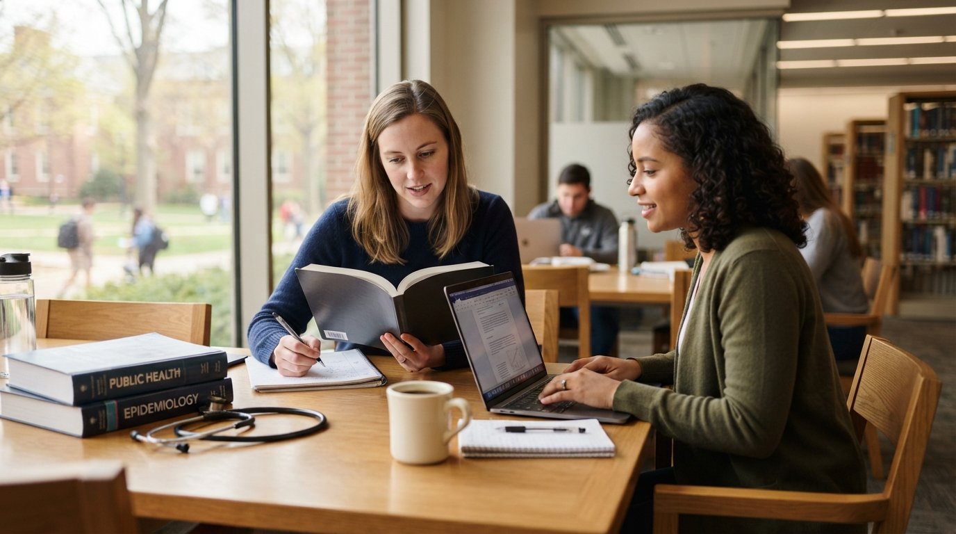 Two adult students at a wooden desk compare a printed course catalog and a laptop, with public health textbooks, a…