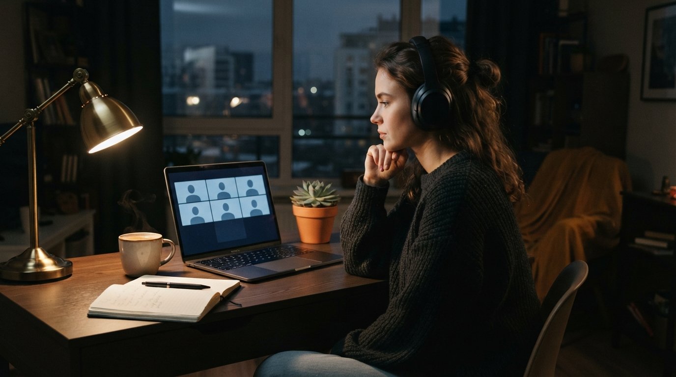 Student in loungewear and headphones sits at a home desk at night, looking at a laptop with a blank video-call grid, beside…
